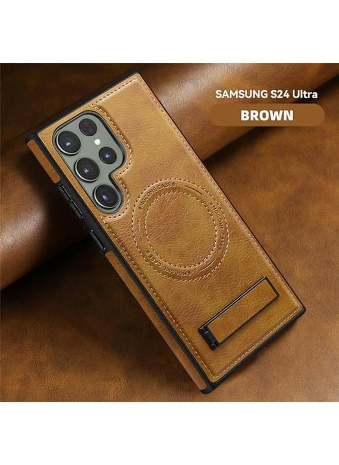 erorex Faux Leather Magnetic For Samsung Galaxy S24 Ultra Case，Compatible With Mag Safe Wireless Charging Adjustable Kickstand Shockproof And Wear Resistant Samsung Galaxy S24 Ultra Cover Brown  - Image 3