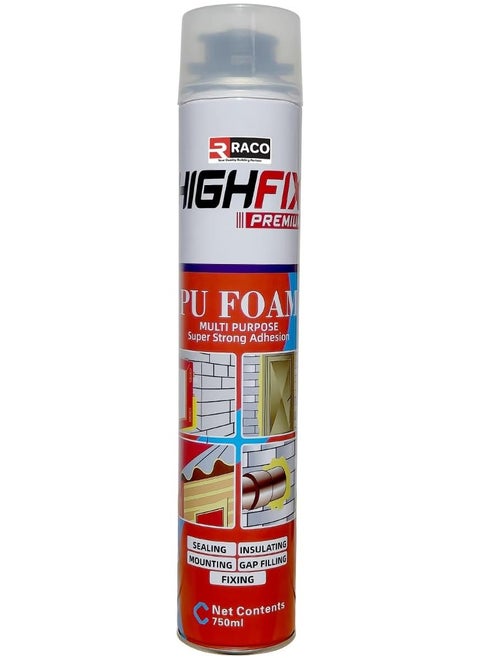 RACO Highfix Premium PU Foam Polyurethane Insulating Foam Sealant Multi-Purpose Super Strong Adhesion for Door Furniture Ceiling Gypsum Spaces Crevices, 750ml