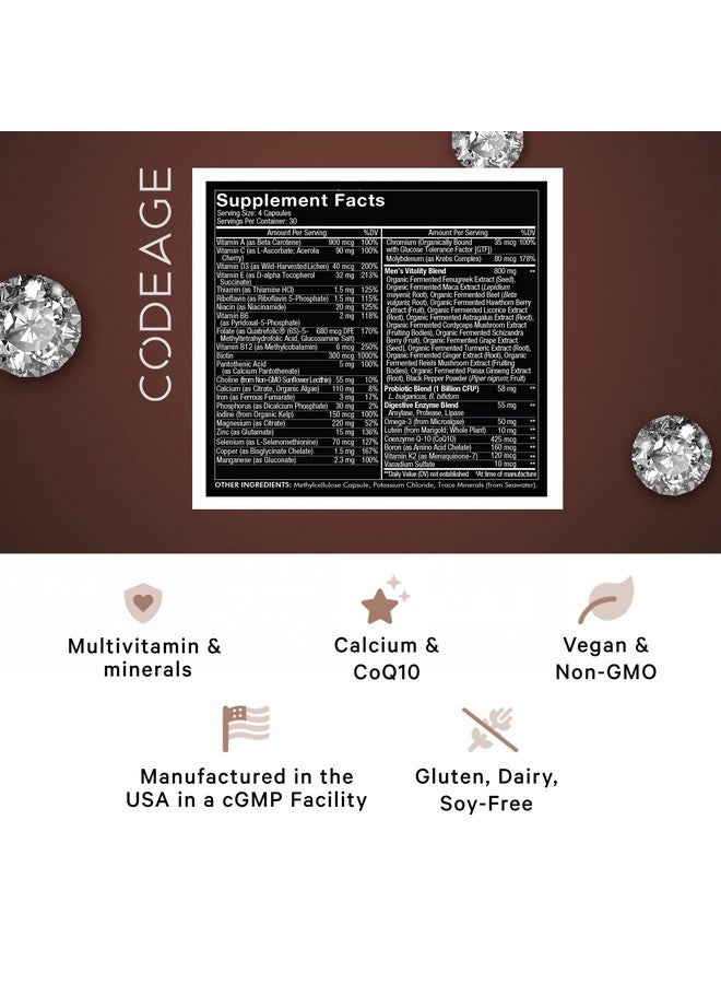 Codeage Men’S Daily Multivitamin Supplement 25+ Vitamins & Minerals For Adults Organic Whole Foods Vitamins For Men Vitamin A B Vitamins Vitamin C D E K Probiotic Zinc Omega3 120 Capsules - Image 3