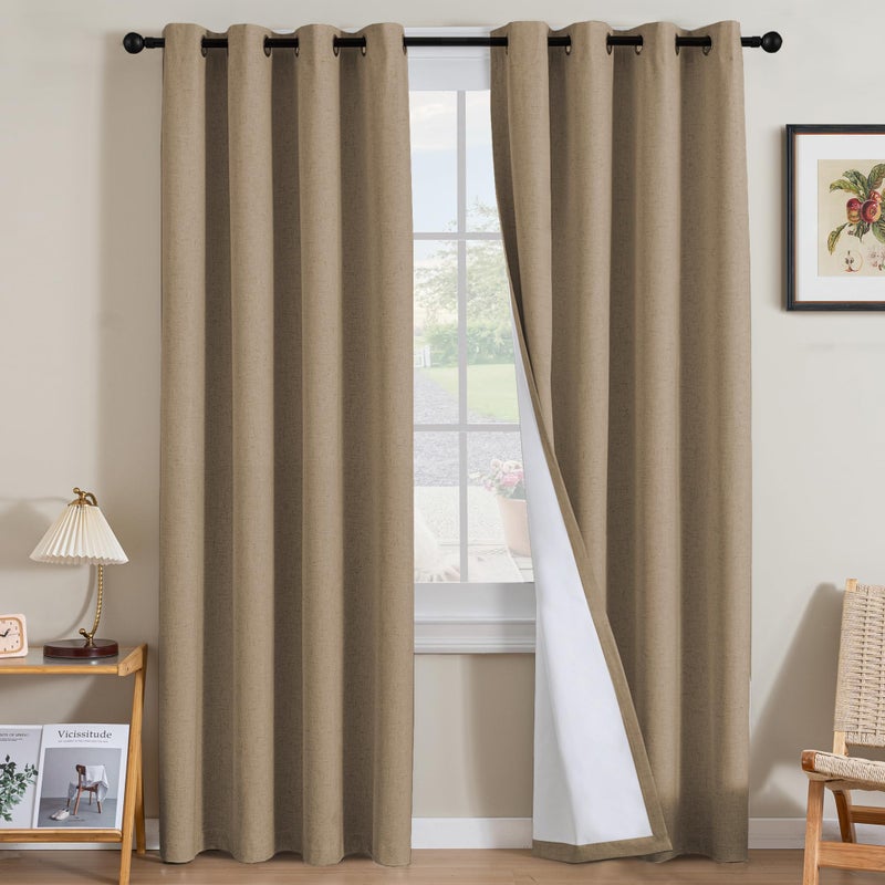 H.VERSAILTEX Linen Curtains 100% Blackout Curtains for Bedroom 108 inch Long Full Light Blocking Nature Linen Blended Window Curtains for Living Room Nickel Grommet (2 Panels  Heathered Macchiato) - Image 1