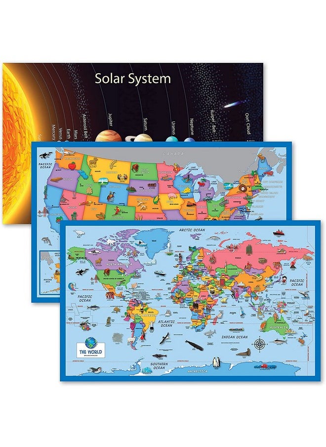 Palace Learning 3 Pack - Solar System Poster For Kids [Long] + Illustrated World And Usa Map Charts (Laminated, 18" X 29")  - Image 1