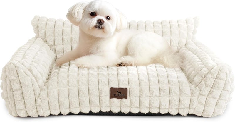 blunique Cute Dog Beds for Small/Medium Dogs/Cats, Washable Dog Sofa Faux Rabbit Fur Pet Bed, Supportive Dog Couch with Removable Zipper Cover for Indoor Cats/Dog, 30 x 20 x10inch, Off White - Image 1