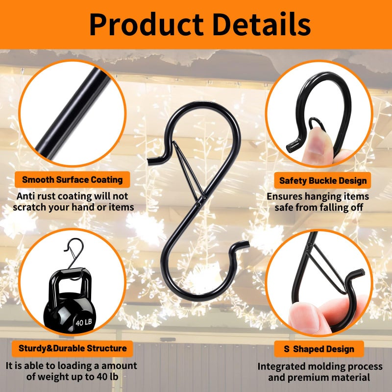 iCafePub 12 PCS S Hooks for Hanging with Safety Buckle, 3.5 inch Heavy Duty Metal S Shaped Hooks for Kitchen Utensil, Cups, Pots, Plants, Bags, Hats (Black) - Image 5