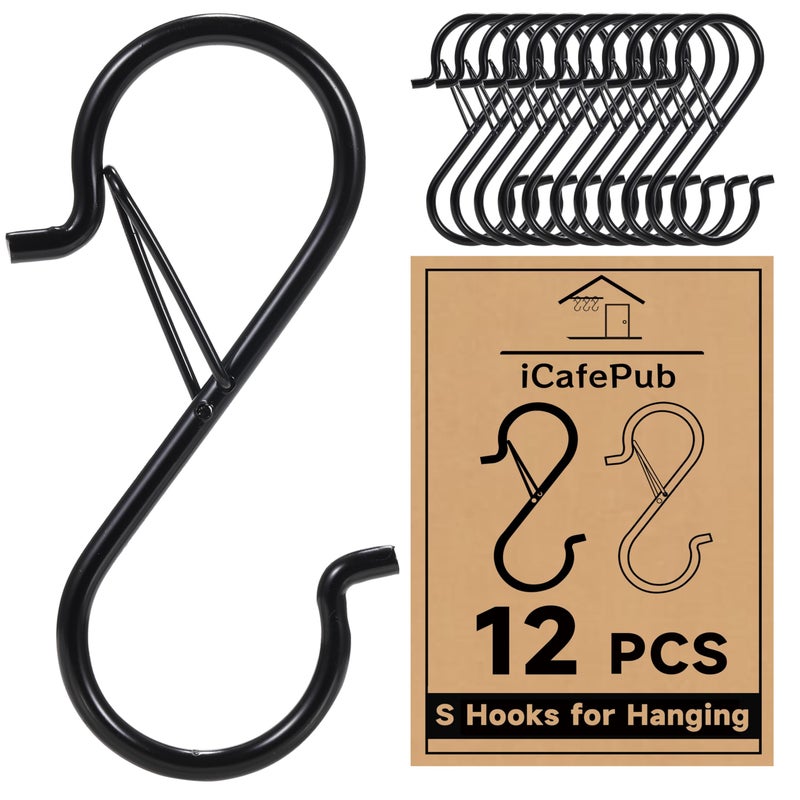 iCafePub 12 PCS S Hooks for Hanging with Safety Buckle, 3.5 inch Heavy Duty Metal S Shaped Hooks for Kitchen Utensil, Cups, Pots, Plants, Bags, Hats (Black) - Image 1