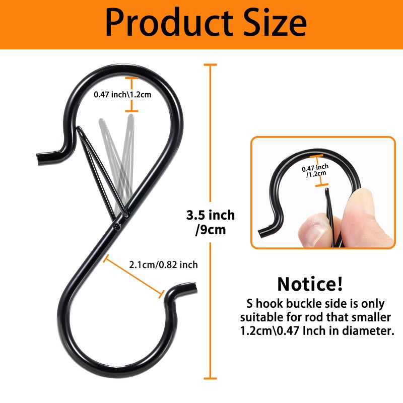 iCafePub 12 PCS S Hooks for Hanging with Safety Buckle, 3.5 inch Heavy Duty Metal S Shaped Hooks for Kitchen Utensil, Cups, Pots, Plants, Bags, Hats (Black) - Image 3