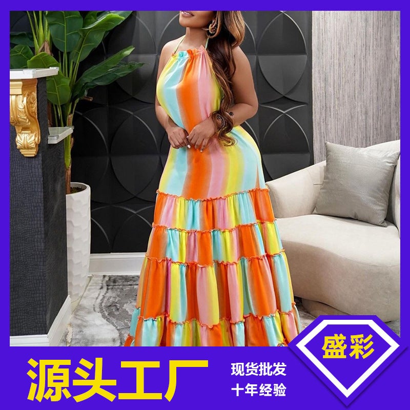 2025 New Clothing Halter-Neck Suspender Printed Loose Backless Hem Dress - Image 2
