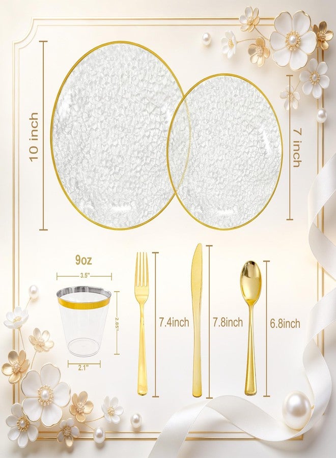 Rubtlamp 180 Pcs Clear Gold Plastic Dinnerware Set, Hammered Plastic Party Plates, Heavy-Duty, Elegant & Fancy Disposable Plates, Clear And Gold Plastic Plates for Party, Wedding - Image 2