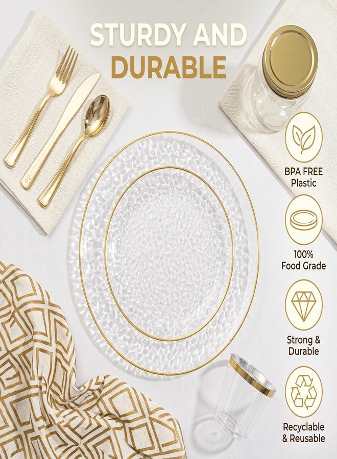 Rubtlamp 180 Pcs Clear Gold Plastic Dinnerware Set, Hammered Plastic Party Plates, Heavy-Duty, Elegant & Fancy Disposable Plates, Clear And Gold Plastic Plates for Party, Wedding - Image 3