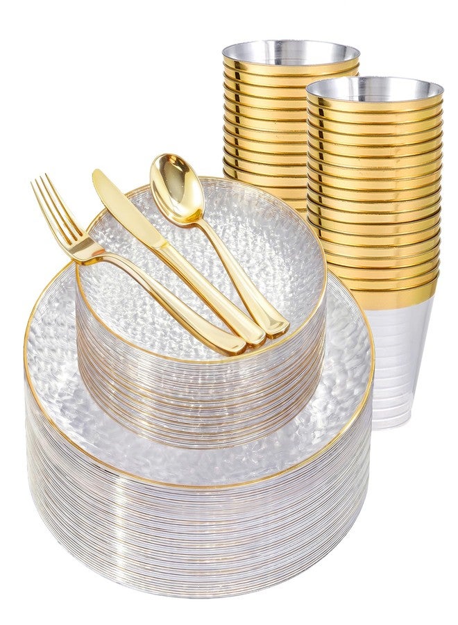 Rubtlamp 180 Pcs Clear Gold Plastic Dinnerware Set, Hammered Plastic Party Plates, Heavy-Duty, Elegant & Fancy Disposable Plates, Clear And Gold Plastic Plates for Party, Wedding - Image 1