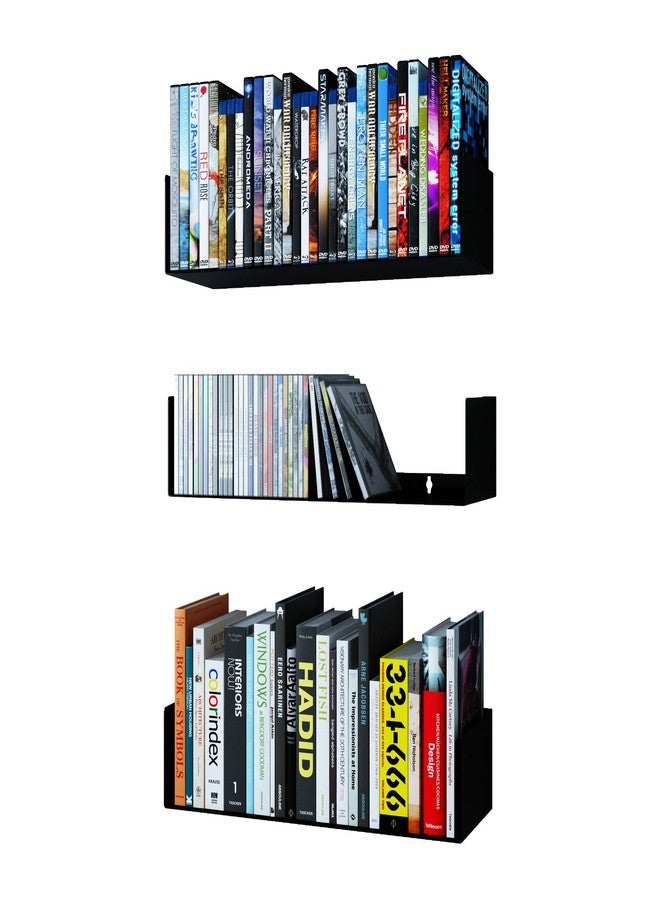 والنيتشر مجموعة رفوف تخزين الكتب والأقراص المدمجة وأقراص DVD من Wallniture Bali باللون الأسود، مكونة من 3 قطع، رفوف كتب معدنية عائمة للجدار - Image 1