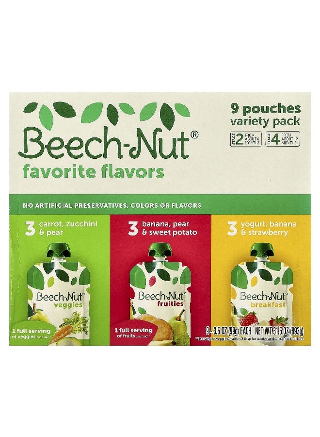 Beech-Nut, Favorite Flavors Variety Pack, 6+ Months & 12+ Months, 9 Pouches, 3.5 oz (99 g) Each - Image 1