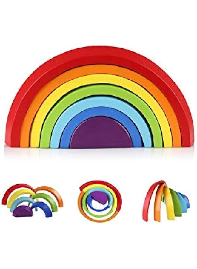 Wooden Rainbow Stacker Nesting Puzzle Blocks - Tunnel Stacking Game Building Creative Color Shape Matching Jigsaw Learning Toy Set Board Early Development Gift for Kids Boy Girl - Image 1