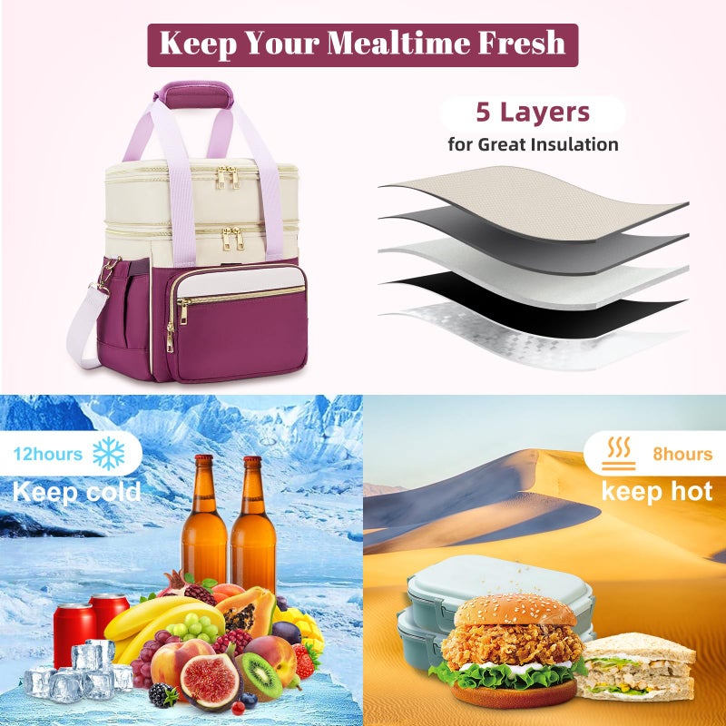 Holuxer Insulated Lunch Bag & Lunch Box For Women - Double Deck Reusable Lunch Bag For Men Tote Cooler Bag Leakproof Soft Expandable - Large Lunchbox For Work/Adult/Picnic/Outdoor (Light Purple - Image 5