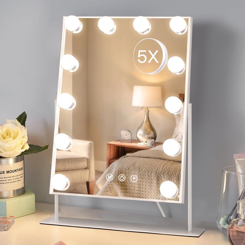 HIEEY Hollywood Vanity Mirror with 12 Dimmable Bulbs Lights, Three Color Lighting Modes, and 5X Magnification, Smart Touch Control, 360Â°Rotation (White,Gift Box) - Image 1