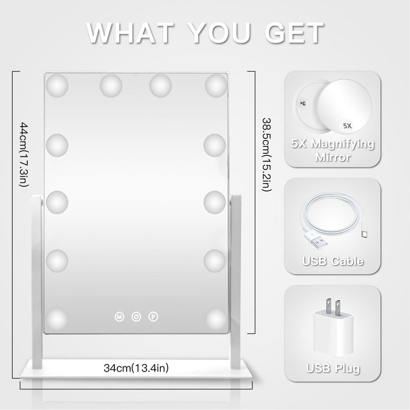 HIEEY Hollywood Vanity Mirror with 12 Dimmable Bulbs Lights, Three Color Lighting Modes, and 5X Magnification, Smart Touch Control, 360Â°Rotation (White,Gift Box) - Image 3