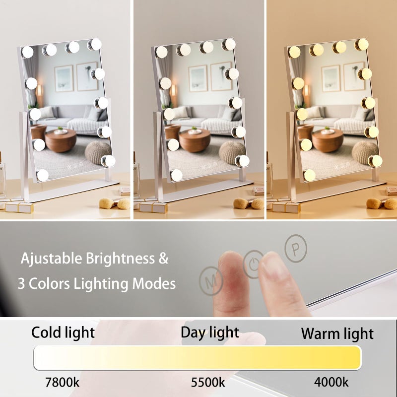HIEEY Hollywood Vanity Mirror with 12 Dimmable Bulbs Lights, Three Color Lighting Modes, and 5X Magnification, Smart Touch Control, 360Â°Rotation (White,Gift Box) - Image 2