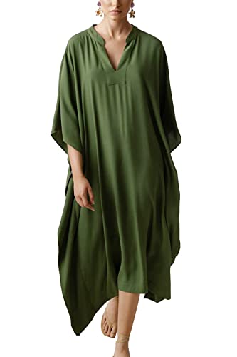 YouKD Women's Long Kaftan Bohemian Beach Swimsuit Cover Up Dress Plus Size Robe A Navy - Image 1