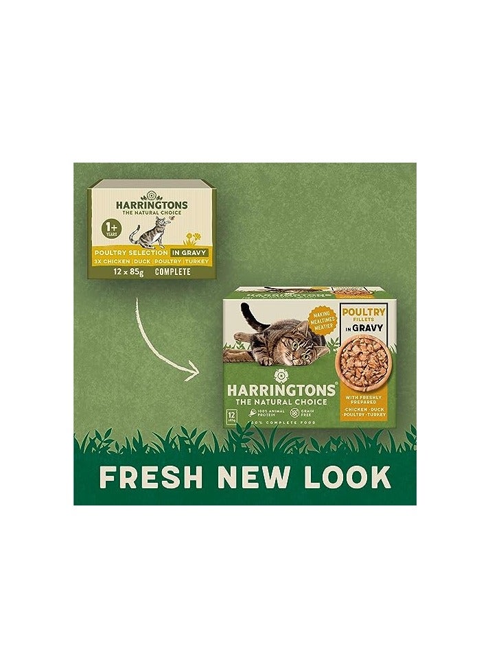 HARRINGTONS Complete Wet Pouch Grain Free Hypoallergenic Adult Cat Food Poultry in Gravy Pack 12x85g - Chicken, Duck, Poultry & Turkey - Making Mealtimes Meatier - Image 2