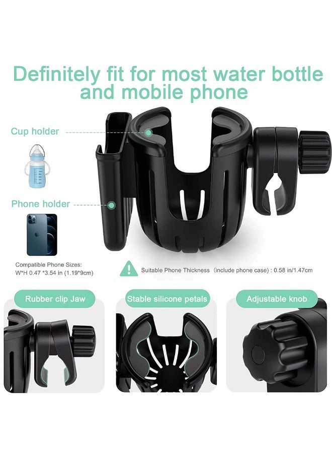 المحمل الثنائي المتكامل للكوب مع قاعدة محمل الهاتف للعربة الأطفال والدراجة والكرسي المتحرك والدراجة الهوائية، قابل للدوران بزاوية 360 درجة - اللون الأسود - Image 2