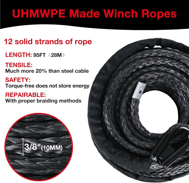 WROUGH 3/8" Synthetic Winch Rope, 3/8 in x 95 Ft 26,500LBs Strength, Heavy Duty Winch Rope Line with Protecting Sleeve and Thimble, Suitable for ATV, SUV, Vehicle (Black) - Image 2