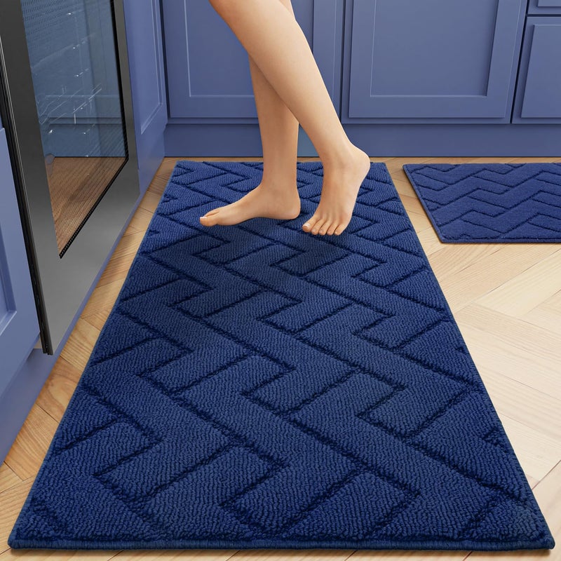 hicorfe Kitchen Runner Rug and Mats Sets,2 Pieces Super Absorbent Polypropylene Non-Slip Rug,Soft Comfort Floor Mat,Washable for Kitchen,Hallway,Office,Sink,Laundry(20" x 32"+20" x 59",Navy Blue) - Image 1