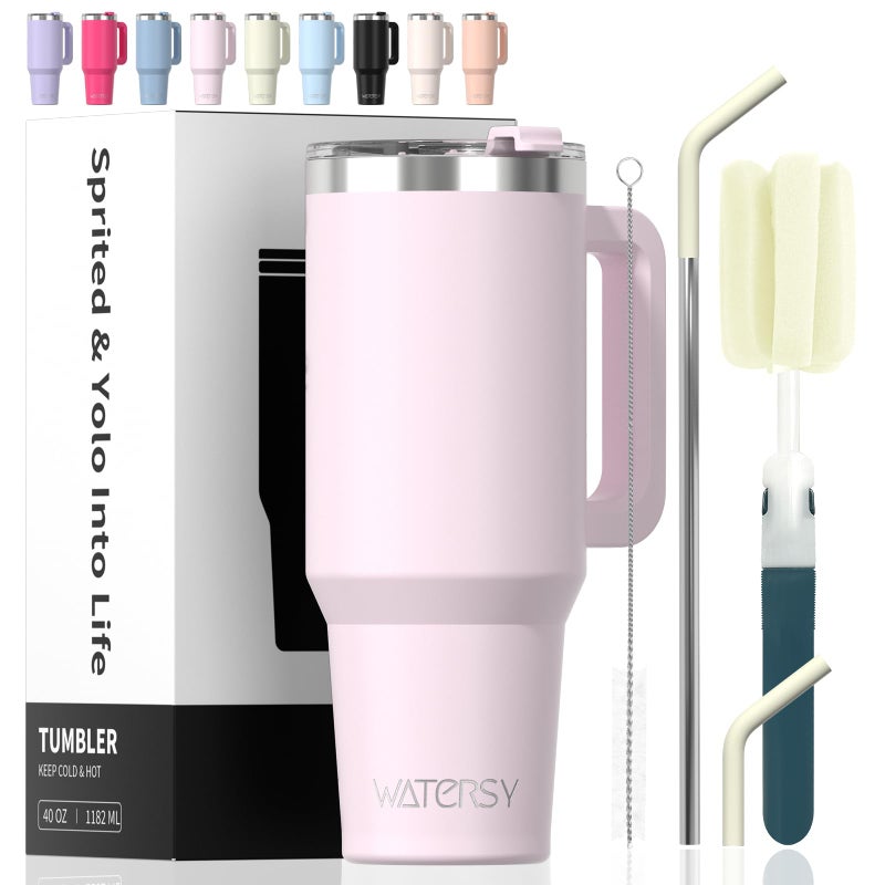 40 oz Tumbler with HandleTumbler with Lid and StrawDouble Wall Insulated Cup Stainless Steel Travel MugCold for 34 HoursWater Bottle for Iced TeaCoffeeCold BeveragesRose Quartz