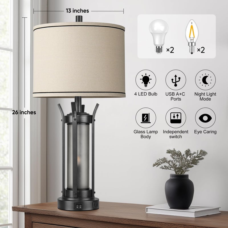 QiMH Farmhouse Table Lamps for Living Room, Beside Lamps for Bedroom with USB A+C Charging Ports, Rustic Nightstand Lamp Set of 2 with Frosted Glass Night Light, 4 Bulbs Included (Black) - Image 4