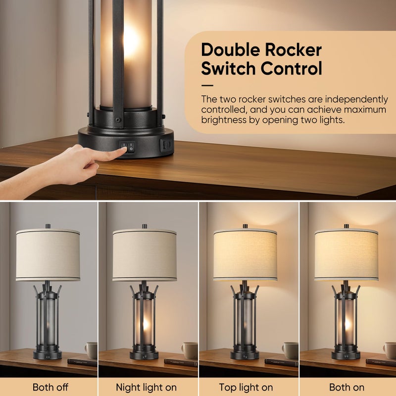 QiMH Farmhouse Table Lamps for Living Room, Beside Lamps for Bedroom with USB A+C Charging Ports, Rustic Nightstand Lamp Set of 2 with Frosted Glass Night Light, 4 Bulbs Included (Black) - Image 2