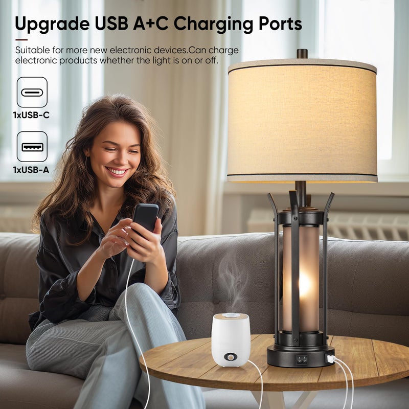 QiMH Farmhouse Table Lamps for Living Room, Beside Lamps for Bedroom with USB A+C Charging Ports, Rustic Nightstand Lamp Set of 2 with Frosted Glass Night Light, 4 Bulbs Included (Black) - Image 3