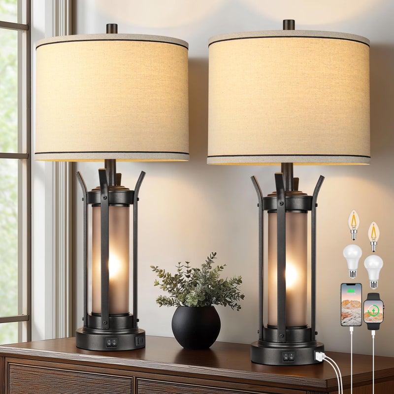 QiMH Farmhouse Table Lamps for Living Room, Beside Lamps for Bedroom with USB A+C Charging Ports, Rustic Nightstand Lamp Set of 2 with Frosted Glass Night Light, 4 Bulbs Included (Black) - Image 1