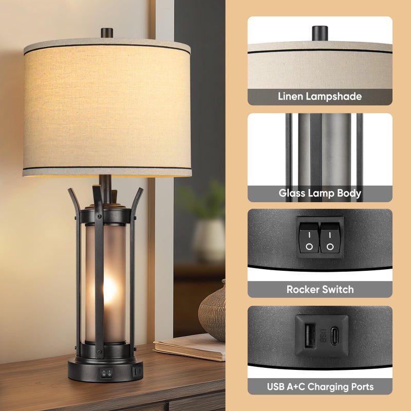 QiMH Farmhouse Table Lamps for Living Room, Beside Lamps for Bedroom with USB A+C Charging Ports, Rustic Nightstand Lamp Set of 2 with Frosted Glass Night Light, 4 Bulbs Included (Black) - Image 5