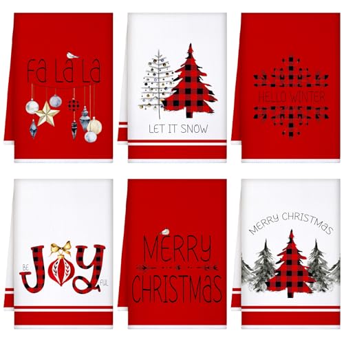 Geyoga 6 Pcs Merry Christmas Kitchen Towels Buffalo Plaid Xmas Tree Dish Towels Hand Towel Tea Towel Absorbent Soft Drying Cloth for Holiday Housewarming Gifts 16x24 InchRed White - Image 1