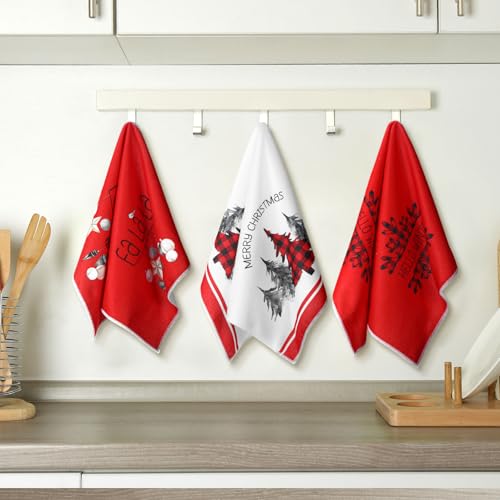 Geyoga 6 Pcs Merry Christmas Kitchen Towels Buffalo Plaid Xmas Tree Dish Towels Hand Towel Tea Towel Absorbent Soft Drying Cloth for Holiday Housewarming Gifts 16x24 InchRed White - Image 3
