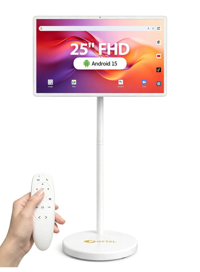 OTTAL Smart tv 25-Inch Portable Monitor with Touch Screen, 1080P Smart Screen, Rolling TV Stand on Wheels, 6G RAM+128G Storage, 60Hz Refresh Rate, White - Image 1