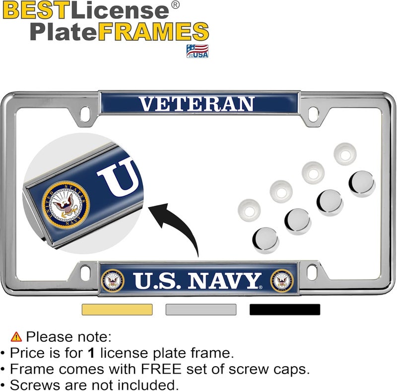 BestLicensePlateFrames U.S. Navy Veteran Chrome Metal License Plate Frame with Eagle and Anchor Logo - Image 2