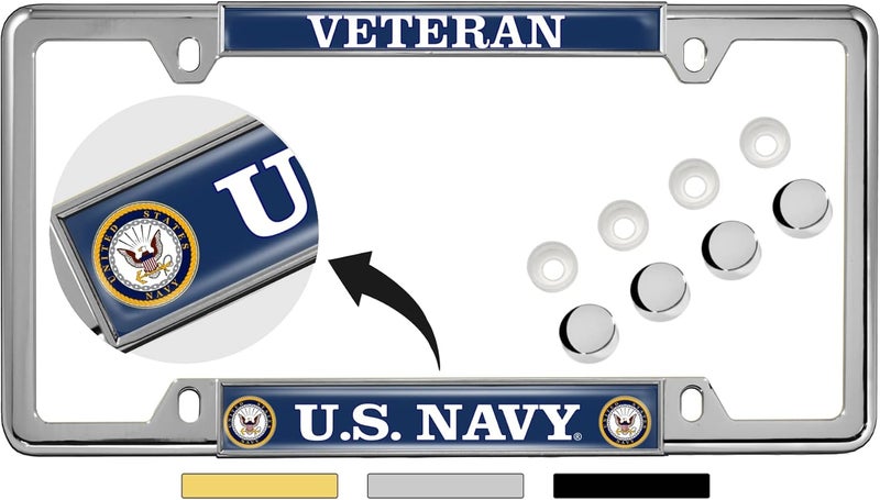 BestLicensePlateFrames U.S. Navy Veteran Chrome Metal License Plate Frame with Eagle and Anchor Logo - Image 1