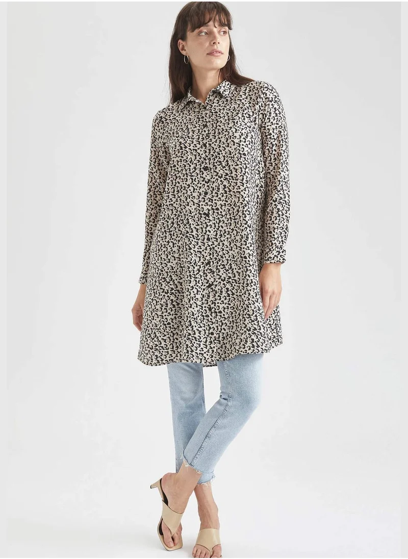 DeFacto Relax Fit A-Line Cut Leopard Print Long Sleeve Tunic Shirt