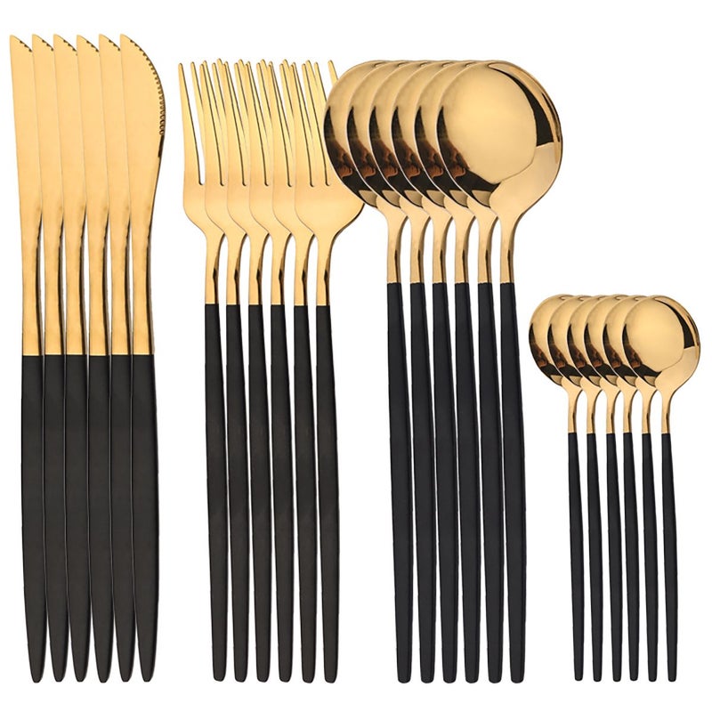 24 Pieces Black Golden Stainless Steel Cutlery Set Western Style Dinnerware With Knife Fork And Spoon Dishwasher Safe For Home Kitchen Tableware - Image 1