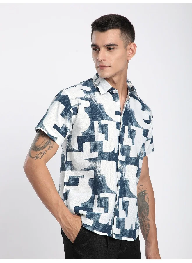 Beyoung Blue Modern Abstract Half Sleeve Cotton Shirt