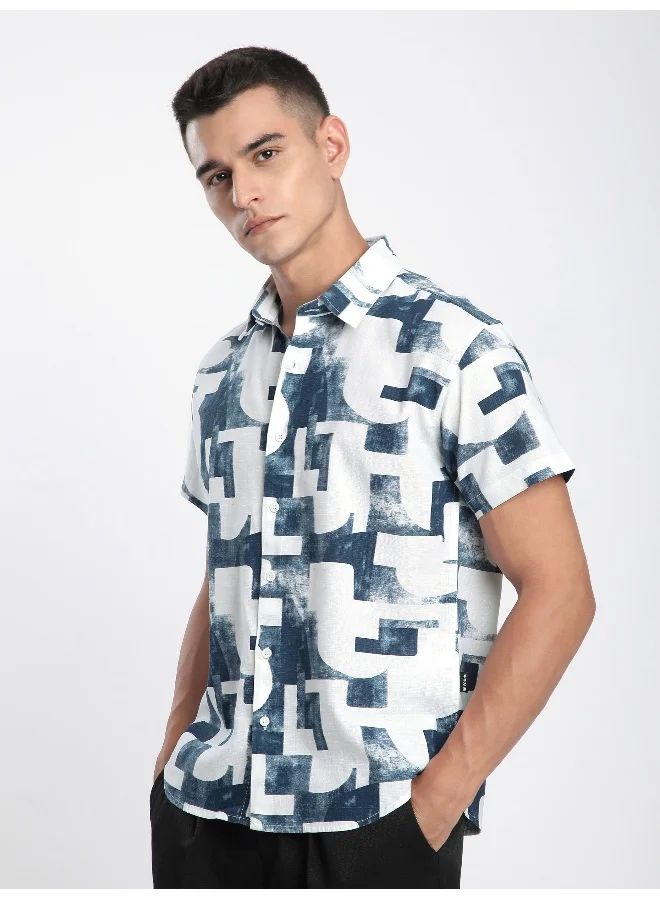Beyoung Blue Modern Abstract Half Sleeve Cotton Shirt