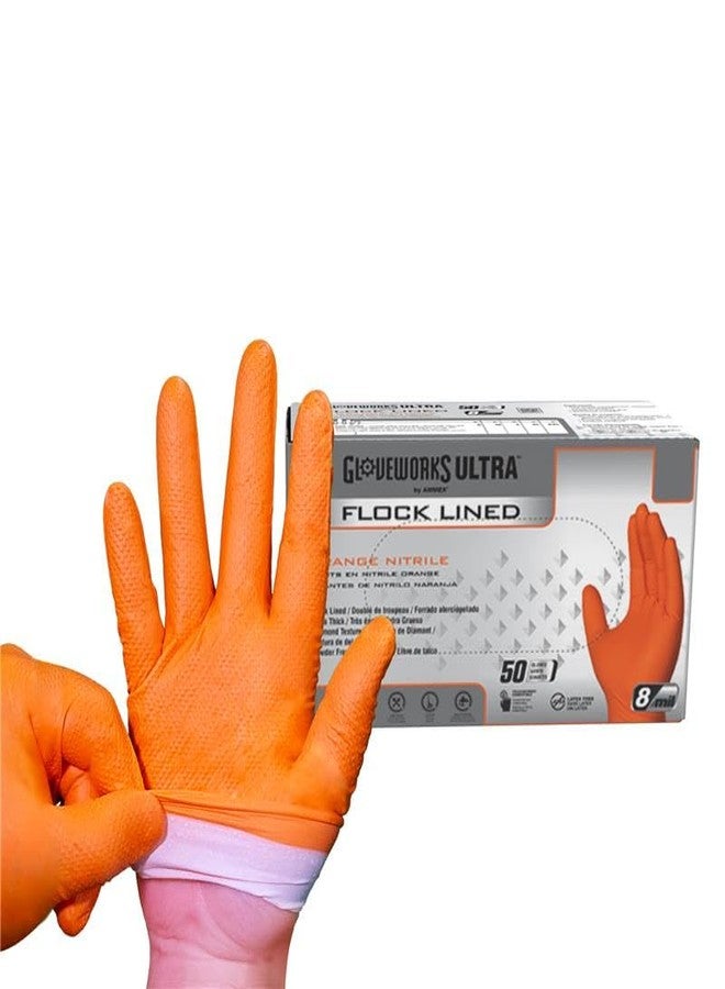 GLOVEWORKS قفازات GLOVEWORKS الصناعية البرتقالية للاستخدام مرة واحدة، قفازات نتريل مبطنة بنسيج مخملي، بنقشة ماسية بارزة، 8 مل، مقاس كبير جدًا، علبة من 50 قفازًا - Image 1