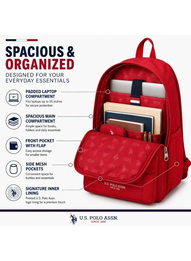 U.S. Polo Assn. U.S. Polo Assn. Classic Heritage Red Classic Flap Backpack for School and Office MultiCompartment Bag for Campus