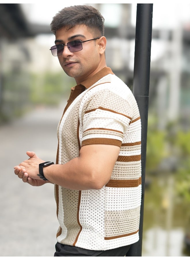 Maniac Maniac Men Half Sleeve Beige 3 Inch Stripe Flat Knit Cotton Polo T-Shirt  - Image 4