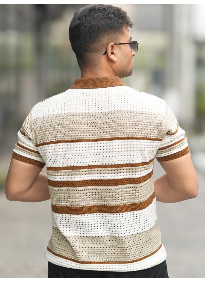 Maniac Maniac Men Half Sleeve Beige 3 Inch Stripe Flat Knit Cotton Polo T-Shirt  - Image 3