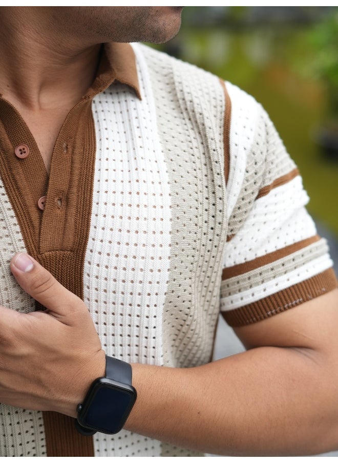 Maniac Maniac Men Half Sleeve Beige 3 Inch Stripe Flat Knit Cotton Polo T-Shirt  - Image 5