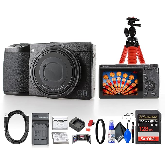 RICOH GR IIIx HDF Digital Camera (01283) Bundle Including: 128 GB Memory Card, 2X Rechargeable Battery, Battery Charger, Tabletop Tripod, Cleaning Kit, Card Reader, Cap Keeper, and More Accessories | For Travel & Everyday Photography | Includes 128GB Card + 2x Rechargeable Batteries + Battery Charger + Tripod + Cleaning Kit - Image 1
