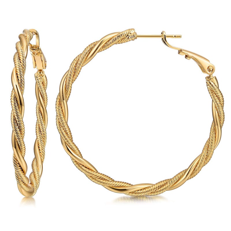 AllenCOCO Large Gold Hoops Earrings for Women - 14K Gold Thin Twisted Hoop Earrings with 925 Sterling Silver Post, Hypoallergenic 20mm 40mm 60mm - Image 1