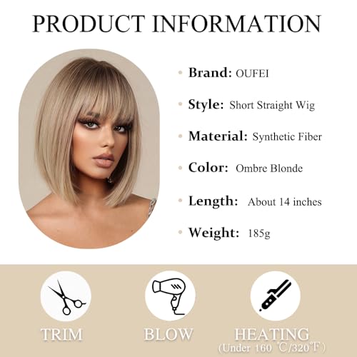 OUFEI Ombre Blonde Bob Wigs for Women Short Straight Wig with Bangs Synthetic Hair Heat Resistant Wigs for Daily Party Cosplay Wear - Image 3