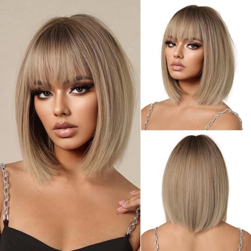OUFEI Ombre Blonde Bob Wigs for Women Short Straight Wig with Bangs Synthetic Hair Heat Resistant Wigs for Daily Party Cosplay Wear - Image 1