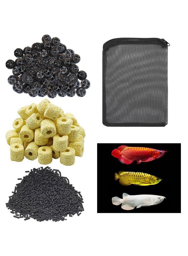 COLOURFUL - Aquarium Filter Media | Improved Water Quality and Healthy Fish Tanks | 10 Piece Bio Ball + 150g Yellow Bacterial Ring + 150g Activated Carbon, (3 in 1 Filter Media with Net Bag, Combo-5) - Image 1